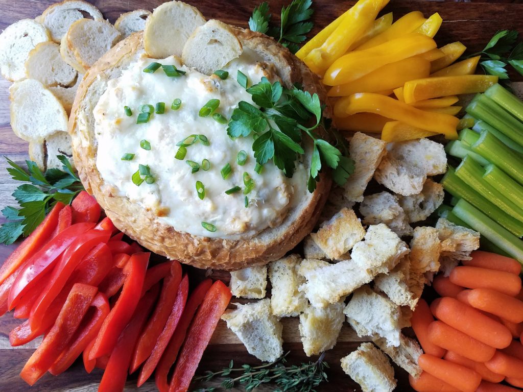 Warm Bread Bowl Crab Dip with Crudite Give it Some Thyme