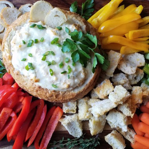 Warm Bread Bowl Crab Dip with Crudite Give it Some Thyme