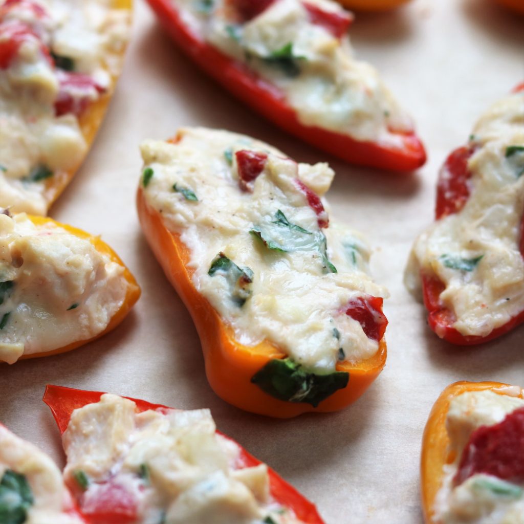 Creamy Chicken Stuffed Mini Peppers with Spinach Walnut Pesto Give it