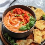 Roasted Tomato Garlic & White Bean Hummus - giveitsomethyme.com – a delicious, creamy hummus recipe blending roasted San Marzano tomatoes, garlic, white beans, fresh basil and oregano! #giveitsomethyme #hummus #hummusrecipe #hummuswithouttahini #homemadehummus #healthyhomemadehummus #roastedtomatohummus #veganhummus #veganhummusrecipe #roastedtomatoes #roastedtomatosauce