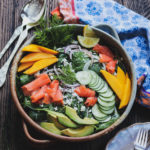 Smoked Salmon Spinach Salad w/ Lemon Dijon Vinaigrette | giveitsomethyme.com - a delicious entrée salad loaded with fennel, cucumber, red onion, mango, avocado and goat cheese! #smokedsalmon #smokedsalmonrecipes #smokedsalmonsalad #giveitsomethyme #spinachandsmokedsalmonsalad #spinachsalad #spinachsaladrecipes #easyspinachsalad #easyspinachsaladhealthy #entreesalads #entresaladseasydinners #entreesaladshealthy