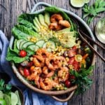 Grilled Shrimp Garden Salad w/ Sesame Lime Dressing - a delicious, summery salad loaded with fresh greens, tomatoes, corn, cucumbers and succulent shrimp! #gardensalads #summersalads #entreesalads #ketorecipes #grilledshrimp #healthydinners #quickandeasy #giveitsomethyme | giveitsomethyme.com