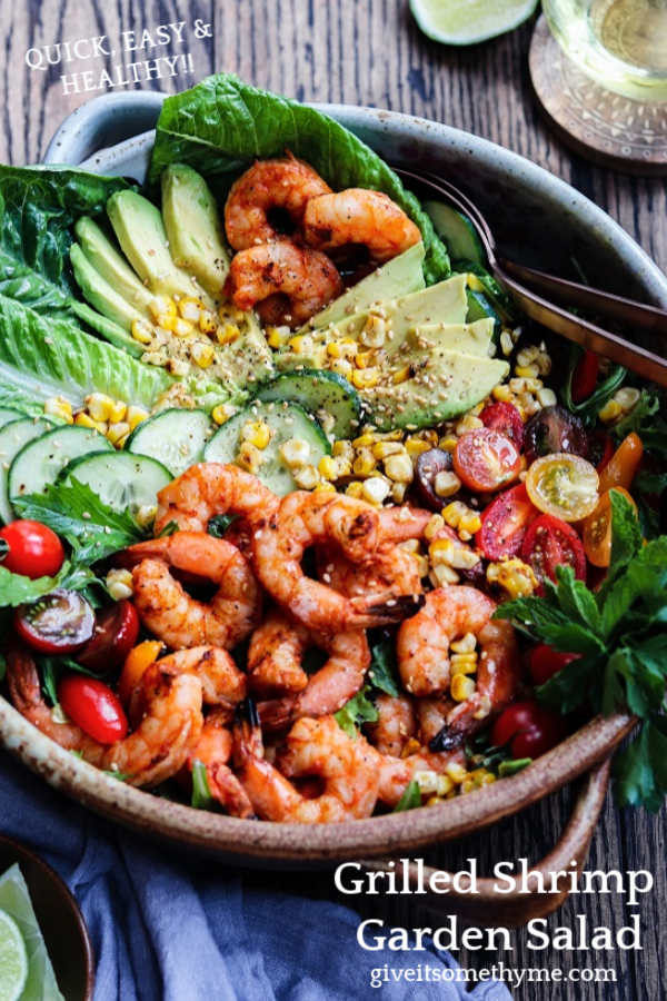 Grilled Shrimp Garden Salad w/ Sesame Lime Dressing - a delicious, summery salad loaded with fresh greens, tomatoes, corn, cucumbers and succulent shrimp! #gardensalads #summersalads #entreesalads #ketorecipes #grilledshrimp #healthydinners #quickandeasy #giveitsomethyme | giveitsomethyme.com