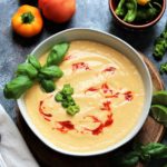 Roasted Corn and Tomato Gazpacho - creamy and delicious summer soup! #vegan #glutenfree #summerrecipes #mealprep #giveitsomethyme | giveitsomethyme.com