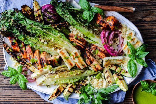 Grilled Farmers Market Salad with Halloumi & Adobo Chicken – take your salad to another level by grilling all the ingredients. So easy, healthy and delicious! #grilledsalad #grilledsaladromaine #halloumi #grilledsaladchicken #grilledsaladdinners #grilledsaladlowcarb #summerrecipes #healthydinners #quickandeasydinners #ketorecipes #giveitsomethyme | giveitsomethyme.com