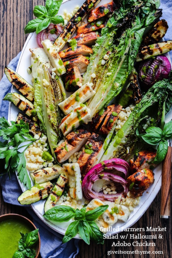 Grilled Farmers Market Salad w/ Halloumi & Adobo Chicken – take your salad to another level by grilling all the ingredients. So easy, healthy and delicious! #grilledsalad #grilledsaladromaine #halloumi #grilledsaladchicken #grilledsaladdinners #grilledsaladlowcarb #summerrecipes #healthydinners #quickandeasydinners #ketorecipes #giveitsomethyme | giveitsomethyme.com