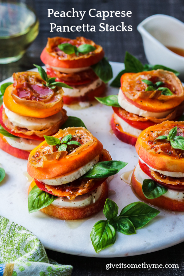 Peachy Caprese Pancetta Stacks – Layers of sweet ripe peaches with fresh mozzarella, tomatoes, basil and crispy pancetta drizzled with honeyed white balsamic glaze is what summer is all about. #peachcaprese #peachcapresestacks #appetizers #summerrecipes #healthyappetizers #easyrecipes #glutenfreerecipes #giveitsomethyme | giveitsomethyme.com