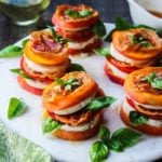 Peachy Caprese Pancetta Stacks – Layers of sweet ripe peaches with fresh mozzarella, tomatoes, basil and crispy pancetta drizzled with honeyed white balsamic glaze is what summer is all about. #peachcaprese #peachcapresestacks #appetizers #summerrecipes #healthyappetizers #easyrecipes #glutenfreerecipes #giveitsomethyme | giveitsomethyme.com