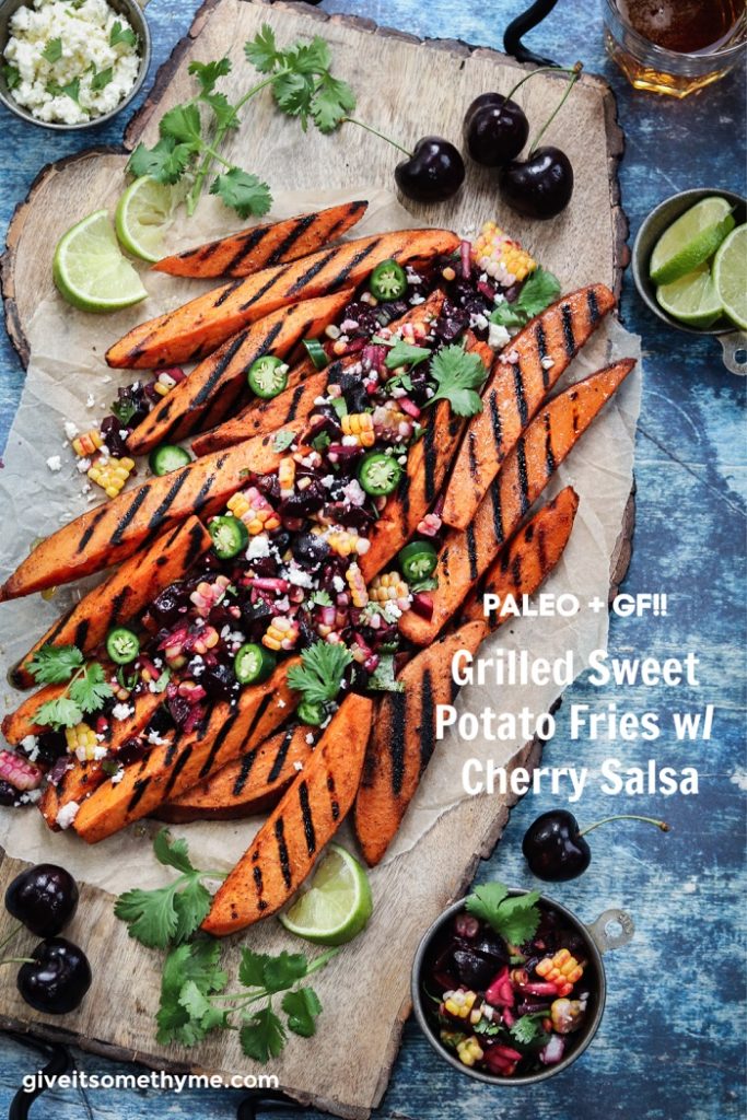 Grilled Sweet Potato Fries with Fresh Cherry Corn Salsa – crisp yet tender grilled sweet potatoes full of sweet n’ spicy flavor! #sweetpotatofries #sweetpotatowedges #grilledsweetpotatoes #healthyappetizers #healthysidedishes #glutenfreerecipes #paleo #vegetarian #giveitsomethyme | giveitsomethyme.com