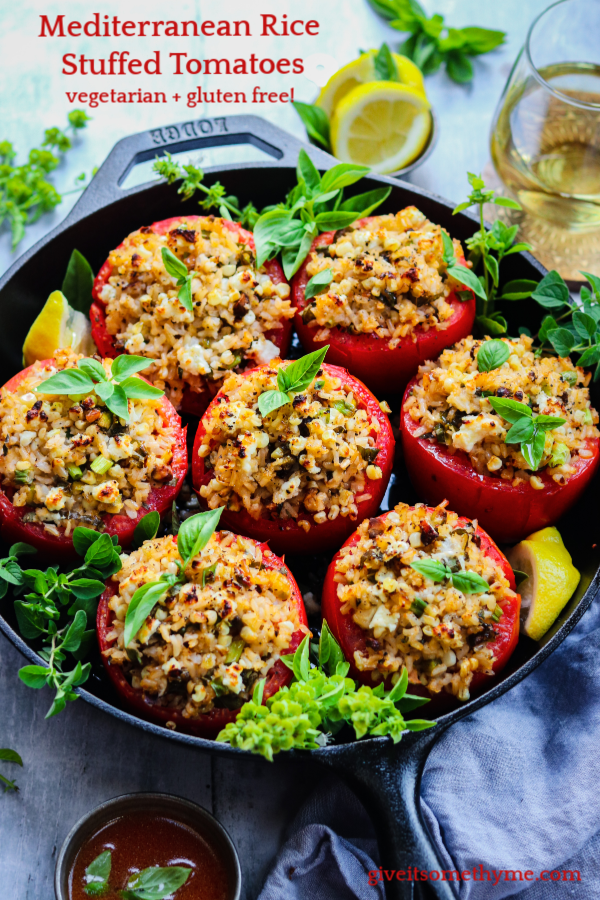 Mediterranean Rice Stuffed Tomatoes – make the most of peak season tomatoes stuffed with brown rice, roasted corn, green onion, feta and pistachios. Vegetarian & Gluten Free! #stuffedtomatoes #stuffedtomatoeshealthy #summerrecipes #mediterraneanrecipes #vegetariansides #easyrecipes #vegetarianmealprep #glutenfreerecipes #giveitsomethyme | giveitsomethyme.com