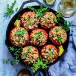 Mediterranean Rice Stuffed Tomatoes – make the most of peak season tomatoes stuffed with brown rice, roasted corn, green onion, feta and pistachios. Vegetarian & Gluten Free! #stuffedtomatoes #stuffedtomatoeshealthy #summerrecipes #mediterraneanrecipes #vegetariansides #easyrecipes #vegetarianmealprep #glutenfreerecipes #giveitsomethyme | giveitsomethyme.com