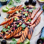 Grilled Sweet Potato Fries with Fresh Cherry Corn Salsa – crisp yet tender grilled sweet potatoes full of sweet n’ spicy flavor! #sweetpotatofries #sweetpotatowedges #grilledsweetpotatoes #healthyappetizers #healthysidedishes #glutenfreerecipes #paleo #vegetarian #giveitsomethyme | giveitsomethyme.com