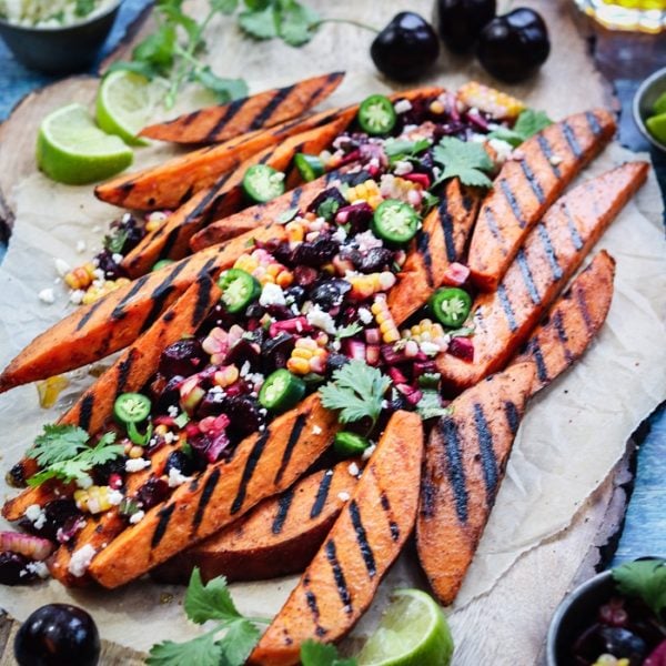 Grilled Sweet Potato Fries with Fresh Cherry Corn Salsa – crisp yet tender grilled sweet potatoes full of sweet n’ spicy flavor! #sweetpotatofries #sweetpotatowedges #grilledsweetpotatoes #healthyappetizers #healthysidedishes #glutenfreerecipes #paleo #vegetarian #giveitsomethyme | giveitsomethyme.com