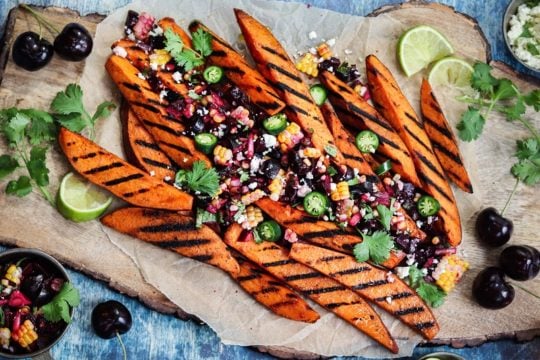 Grilled Sweet Potato Fries with Fresh Cherry Corn Salsa – crisp yet tender grilled sweet potatoes full of sweet n’ spicy flavor! #sweetpotatofries #sweetpotatowedges #grilledsweetpotatoes #healthyappetizers #healthysidedishes #glutenfreerecipes #paleo #vegetarian #giveitsomethyme | giveitsomethyme.com