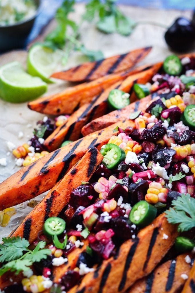 Grilled Sweet Potato Fries with Fresh Cherry Corn Salsa – crisp yet tender grilled sweet potatoes full of sweet n’ spicy flavor! #sweetpotatofries #sweetpotatowedges #grilledsweetpotatoes #healthyappetizers #healthysidedishes #glutenfreerecipes #paleo #vegetarian #giveitsomethyme | giveitsomethyme.com