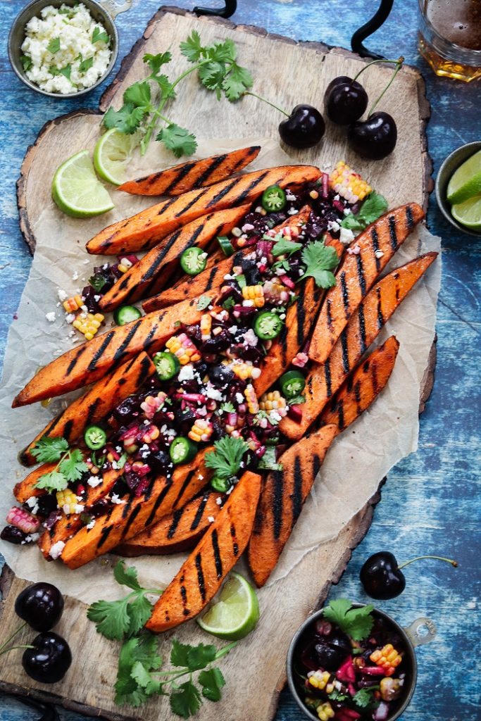 Grilled Sweet Potato Fries with Fresh Cherry Corn Salsa – crisp yet tender grilled sweet potatoes full of sweet n’ spicy flavor! #sweetpotatofries #sweetpotatowedges #grilledsweetpotatoes #healthyappetizers #healthysidedishes #glutenfreerecipes #paleo #vegetarian #giveitsomethyme | giveitsomethyme.com