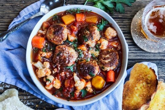Spicy Turkey Meatball Stew w/ Fall Veggies – Healthy, fall comfort food! A one-pot, tomato-based stew loaded with tender turkey meatballs, butternut squash, carrots and cauliflower! #turkeyrecipes #turkeymeatballs #stews #fallrecipes #healthydinners #mealprep #freezerfriendly #onepotrecipes #onepotmeals #gamedayfood #giveitsomethyme | giveitsomethyme.com