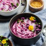 Roasted Cauliflower Potato and Beet Soup – an eye-catching, velvety, vegan and gluten free soup that's full of flavor and freezer friendly! #vegansoup #vegansoupglutenfree #veganandglutenfree #beetsoup #purplecauliflowersoup #purplepotatosoup #freezerfriendlysoups #pureedsoup #pureedsoupvegan #giveitsomethyme | giveitsomethyme.com