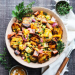 Jersey-Style Grilled Potato Salad | giveitsomethyme.com – Grilling takes potato salad to a whole new level and you get that Garden State flare with sweet corn, zucchini, bell pepper, and none other than Case’s Pork Roll!