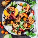 Grilled Shrimp and Peach Salad w/ Burrata and Basil - Smoky, charred shrimp and sweet peaches atop leafy greens with creamy burrata and fresh basil makes a perfect summer salad and is ready in 30 minutes!