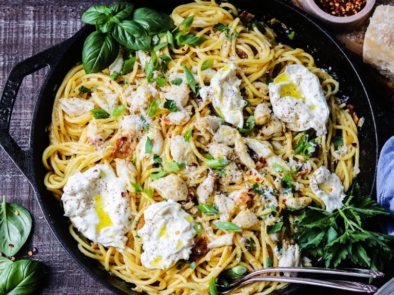 Spicy Pasta and Crab Carbonara with Burrata Give it Some Thyme