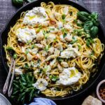 Spicy Pasta & Crab Carbonara with Burrata | giveitsomethyme.com - An irresistible twist on pasta carbonara with succulent hunks of jumbo lump crab lingering in silky smooth, eggy sauce with spaghetti, crispy bacon and creamy burrata!