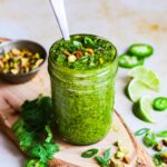 Vegan pesto ready to serve, garnished with cilantro.